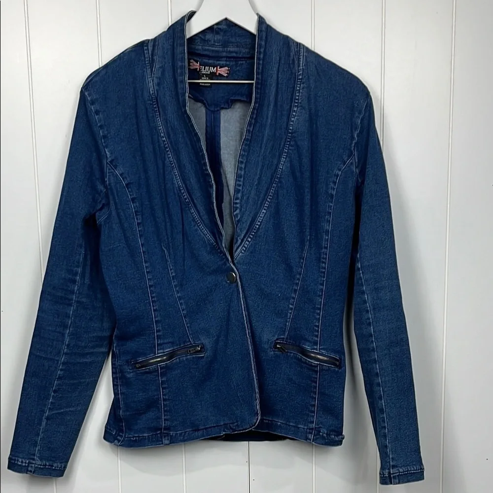 Helium Womens Denim Jacket L Dark Wash Open Front 1 Button Close Zip Pockets EUC